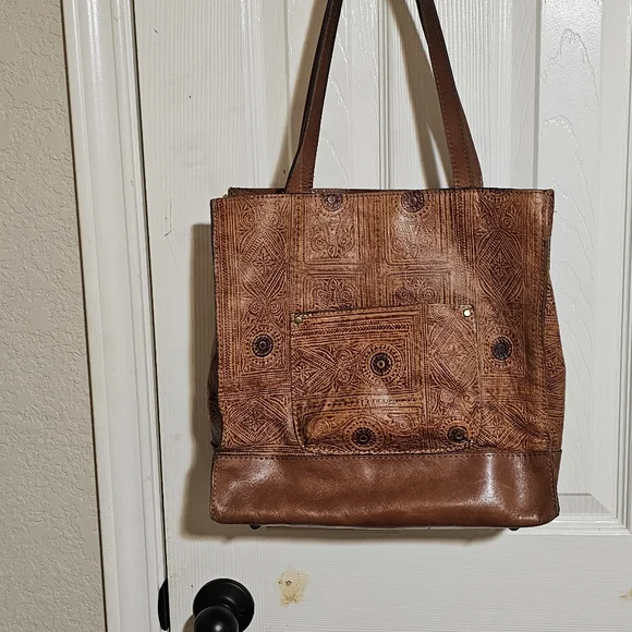 Patricia Nash Brown and Tan Stitched Ouine and Squares with Circles in them - Picture 6 of 15